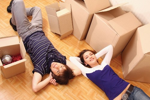 Boxes and household items prepared for transport by a Hounslow moving team