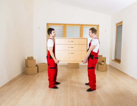 Movers carrying boxed household items during a house relocation